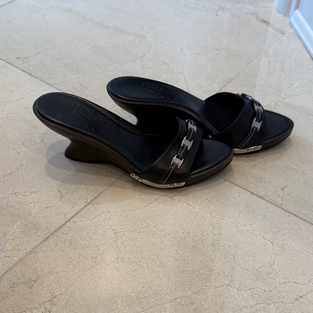 Salvatore Ferragamo Black Leather Wedge Slide Sandals with Silver Accents - Picture 4 of 4